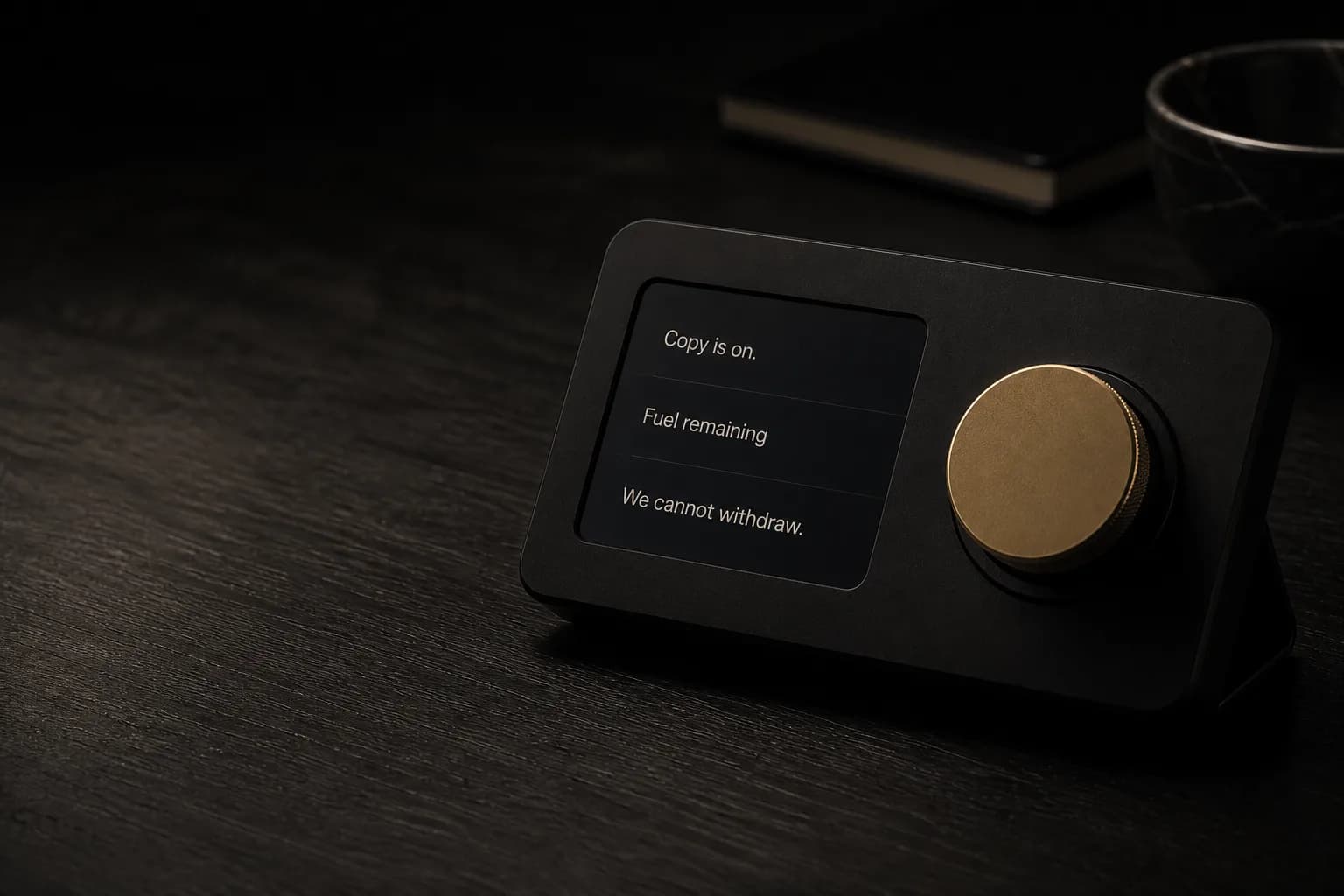 A matte-black desk instrument. Its screen reads Copy is on, Fuel remaining, We cannot withdraw.
